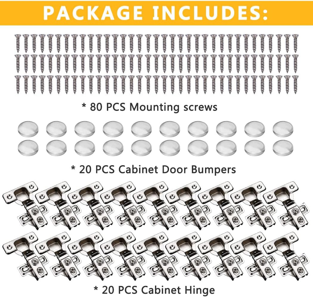 20 Pack Soft Close Cabinet Door Hinges for 1/2 Inch Overlay Cupboard, 105 Degree Opening Angel, Stainless Concealed