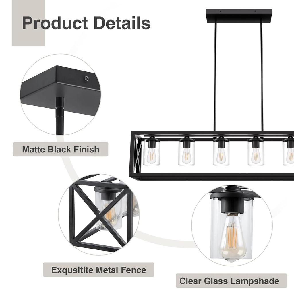Farmhouse Dining Room Light Fixture - 6 Light Kitchen Island Lighting with Adjustable Height & Thickened Metal Dining