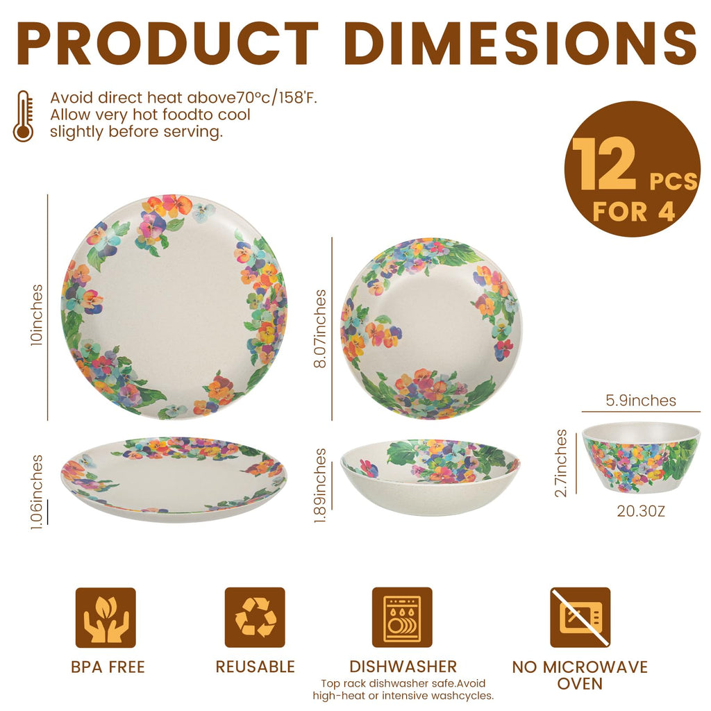 12 Piece Melamine Dinnerware sets,Service for 4, Hydrangea