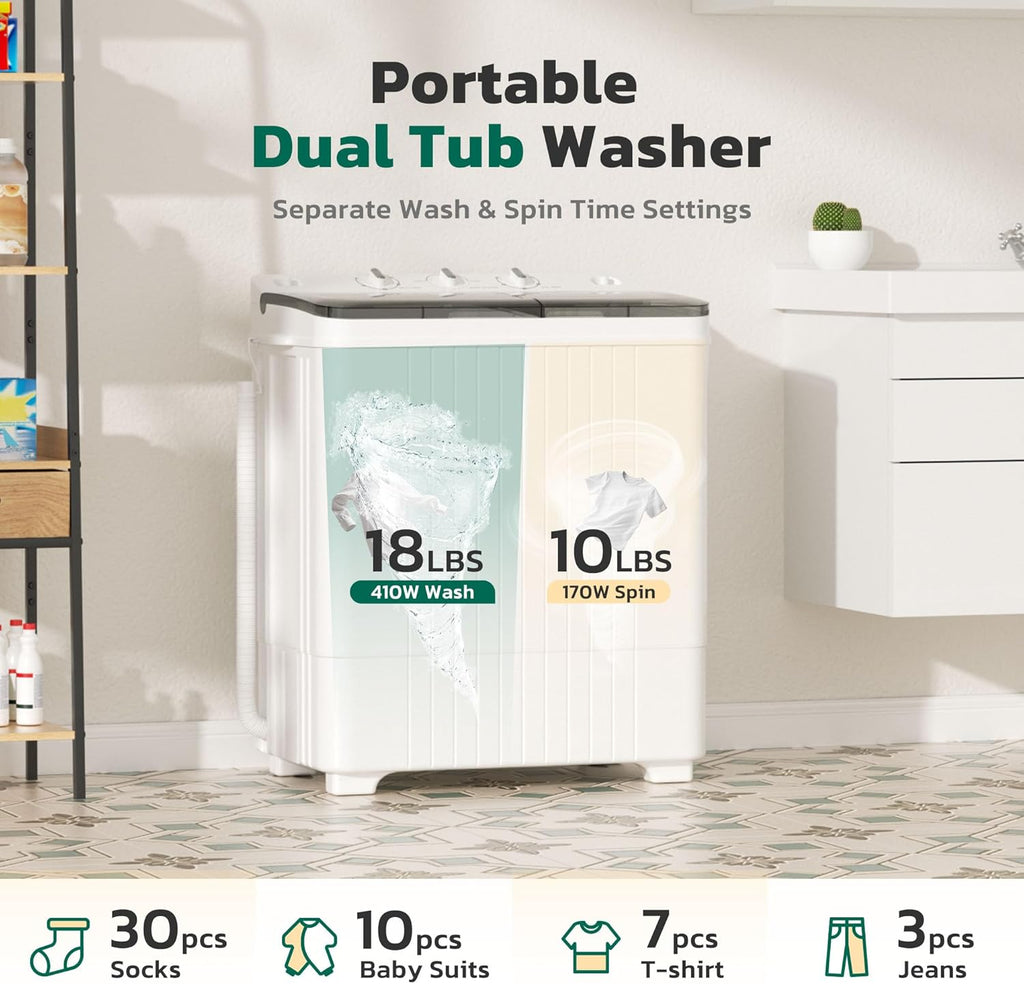 Portable Washing Machine, 28 Lbs Capacity Twin Tub Washing Machine, 18lbs Washer and 10lbs Spinner Combo, Compact