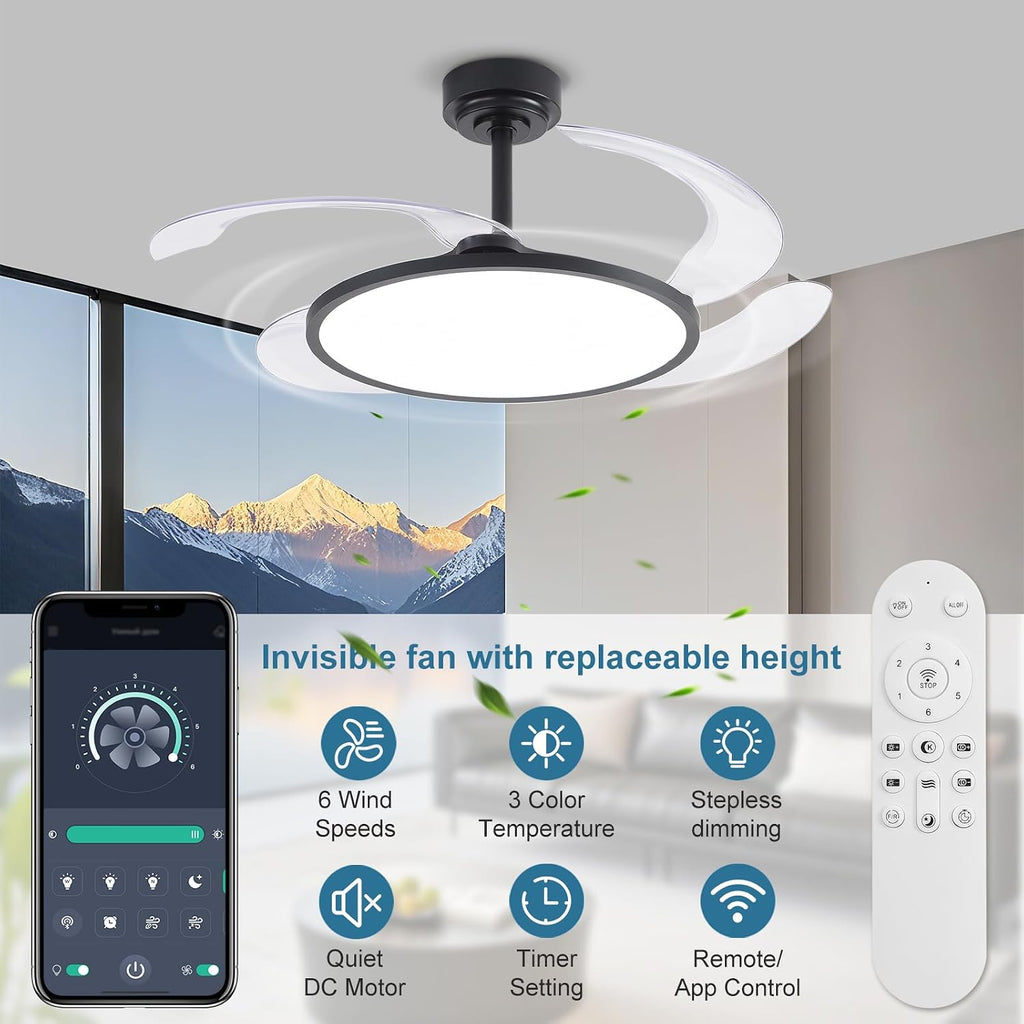 48'' Retractable Ceiling Fan with Remote Control,Bladeless Ceiling Fan with LED Lights,Stepless Full