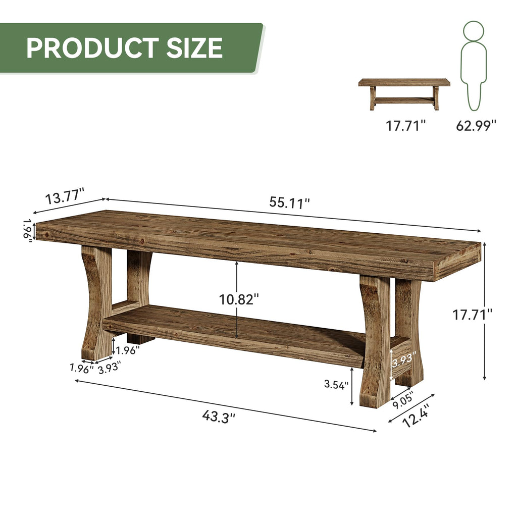 Solid Wood Storage Bench, Farmhouse Entryway Bench, Long Indoor Dining Seat, Easy Assembly, Dark Brown
