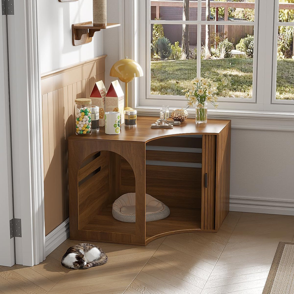 31.38" Corner Cat Litter Box Enclosure Furniture with Sliding Door