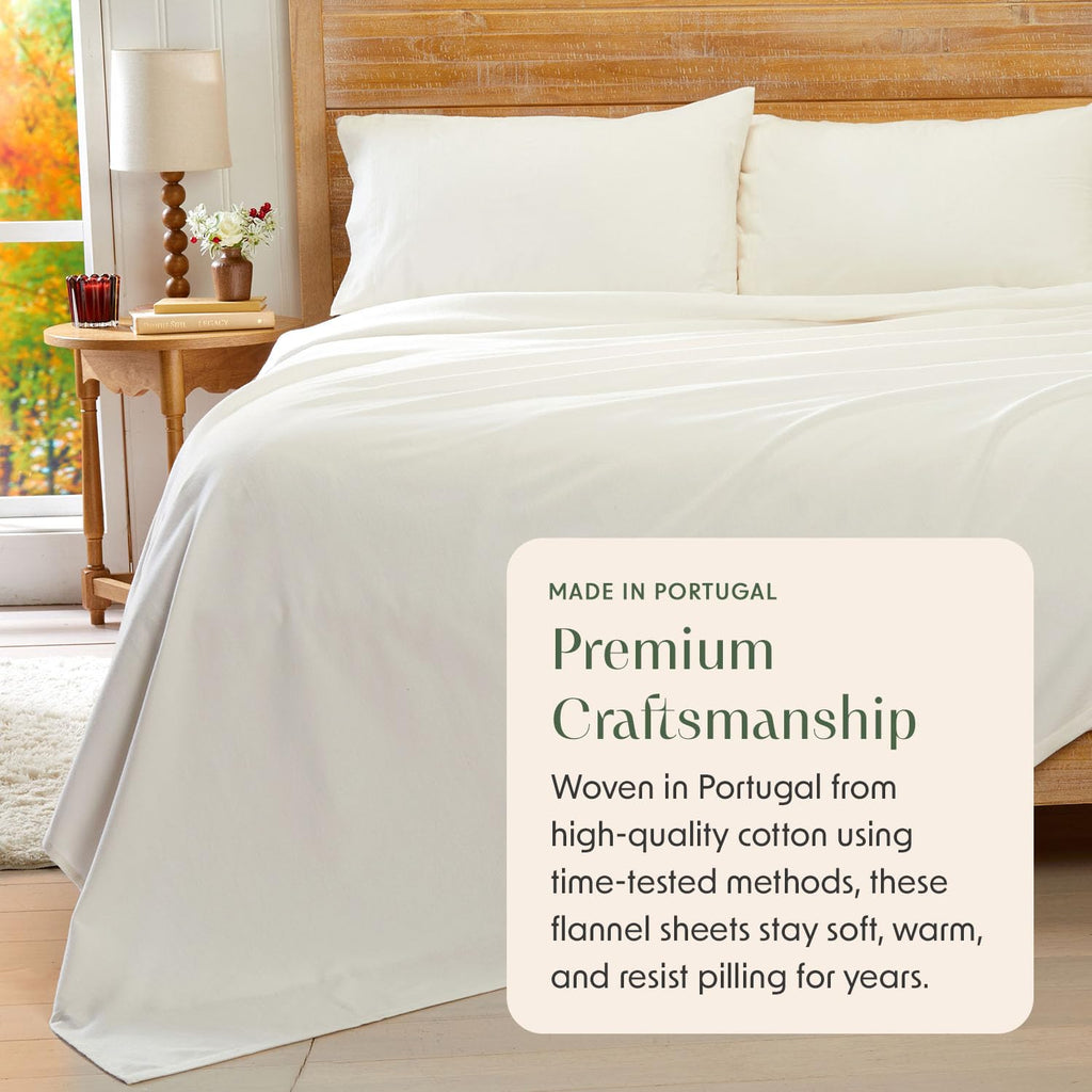 Luxury Portuguese Flannel Sheets | 100% Cotton | King Size | Alpine White