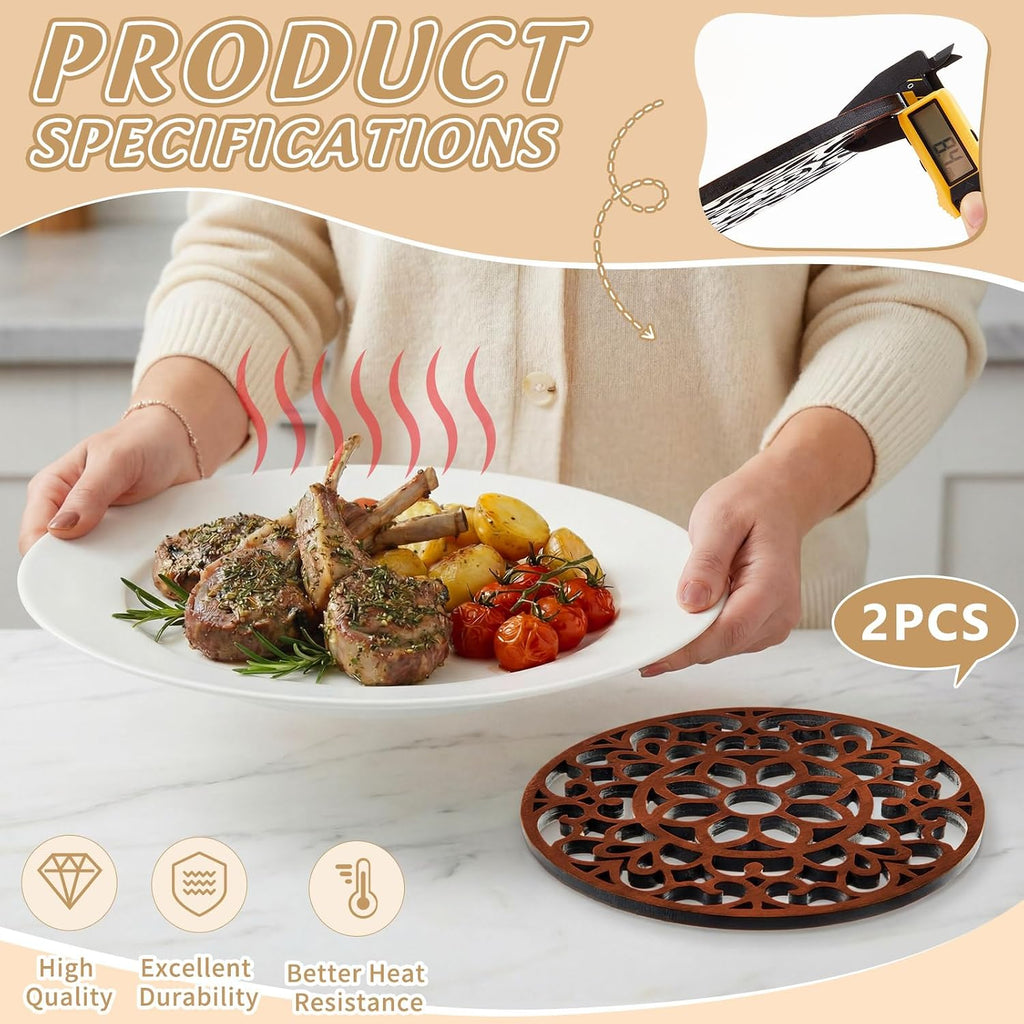 Bamboo Trivet Mat for Hot Dishes, 7.9 Inches Round Pot Holders Non Slip Coaster for Hot Dishes Pot Bowl Teapot - Set of 2