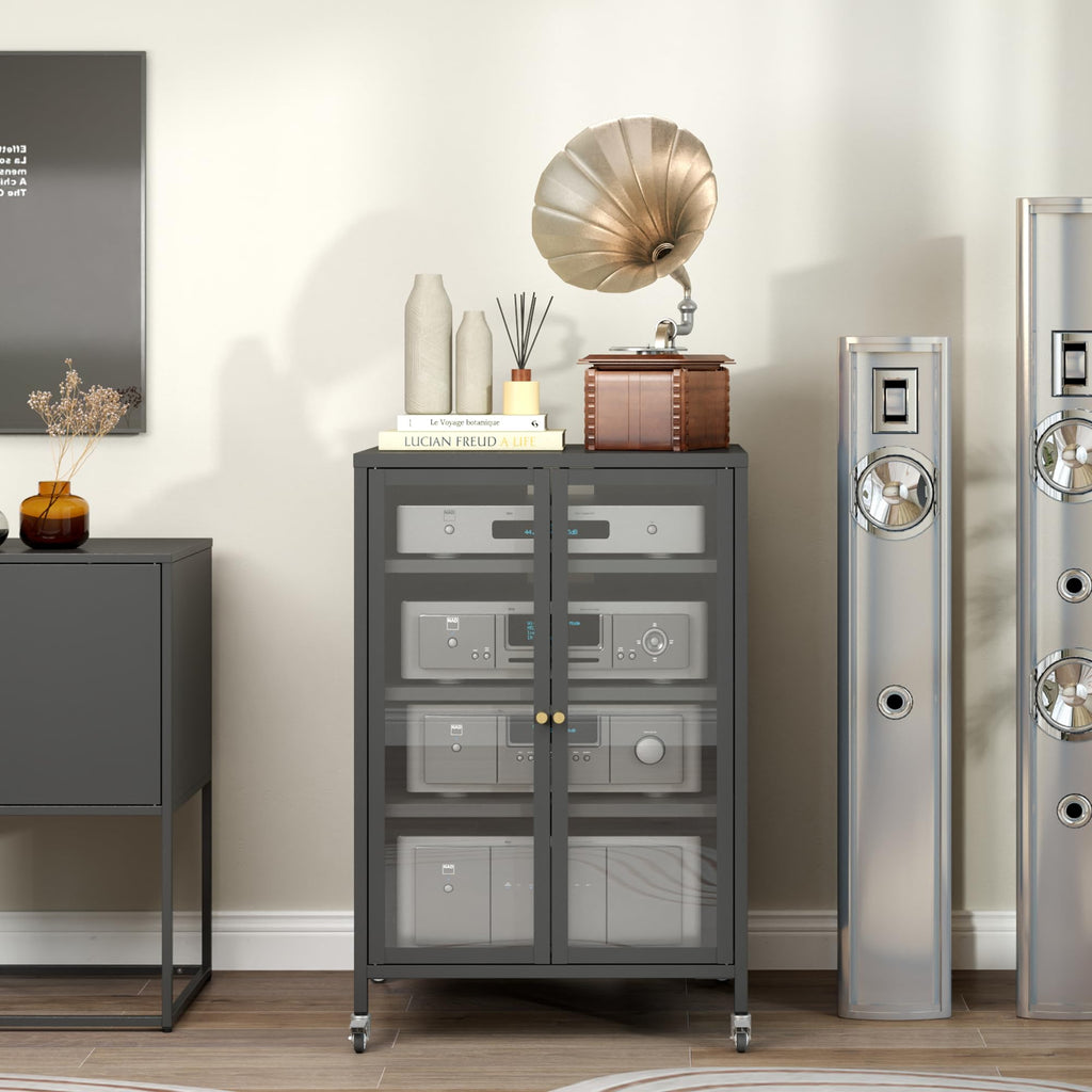 Stereo Cabinet, Metal Media Storage Cabinet with Glass Doors, Audio-Video Media Stand with 4 Adjustable Shelves, AV