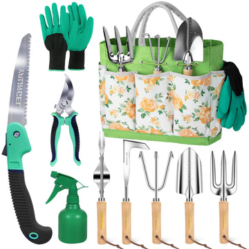 Gardening Tools - 10 Piece Heavy Duty Gardening Hand Tools Stainless Steel Garden Tools with Wooden Handle, Storage