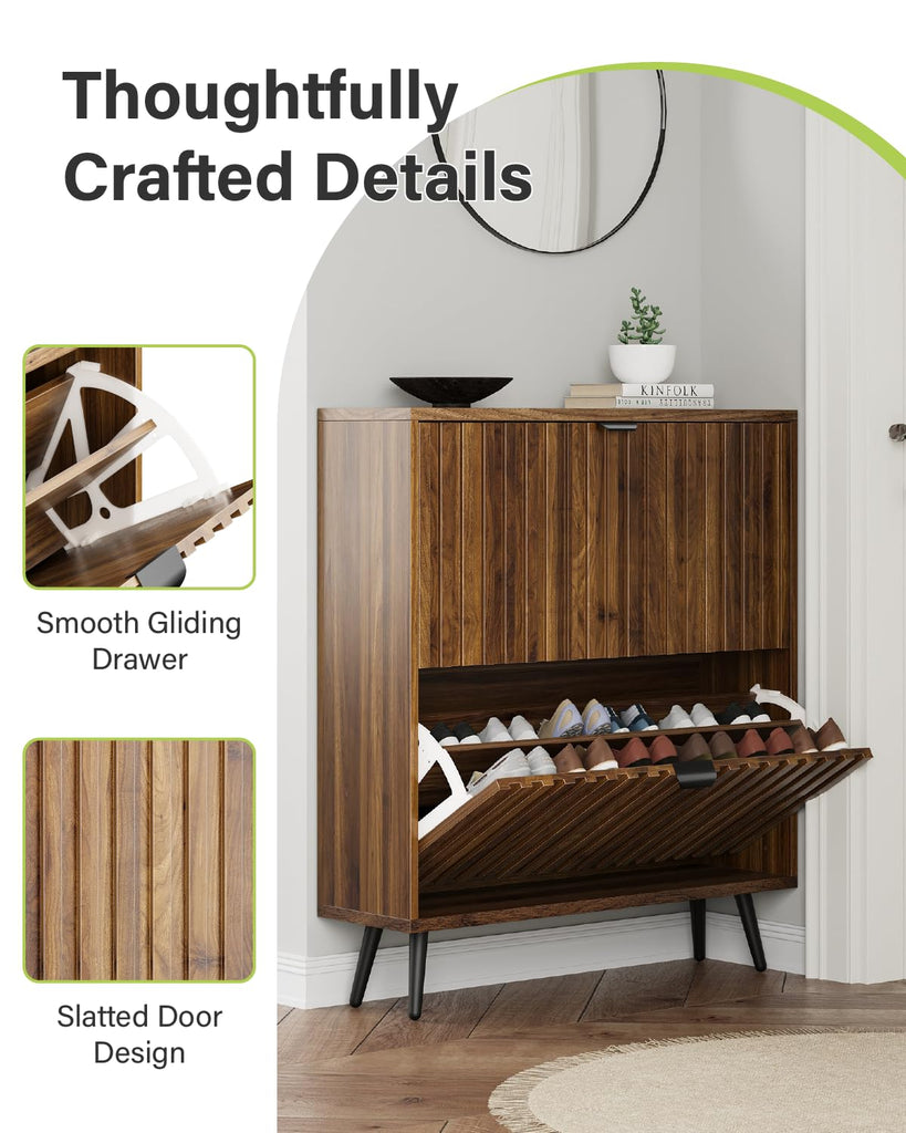 Shoe Storage Cabinet, Walnut Fluted Shoe Cabinet Storage, Hidden Shoe Cabinet with Metal Legs, Slim Entryway Shoe