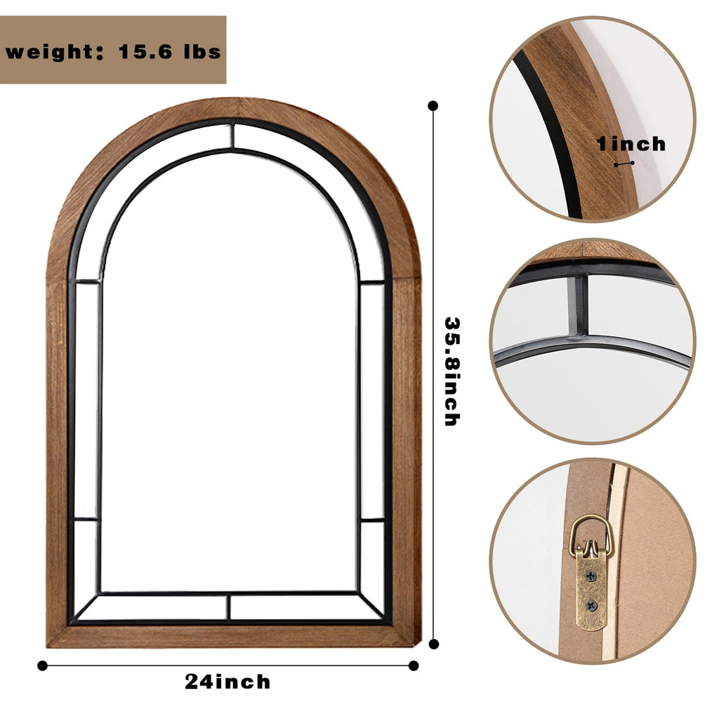 Arched Wall Mirror 36x24 Inch Rustic Wood Frame, Arch Brown