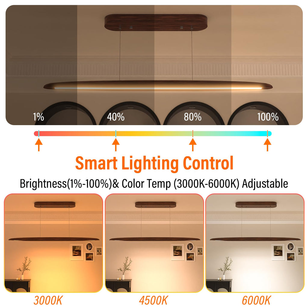 44" Wood Linear Pendant Light, 30W LED Dimmable Island Lights
