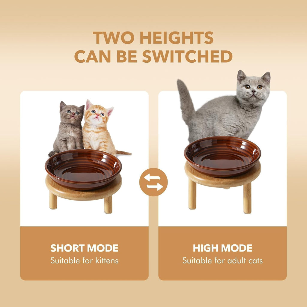 Elevated Cat Bowls, Ceramic Cat Bowl with Bamboo Stand Wide Opening