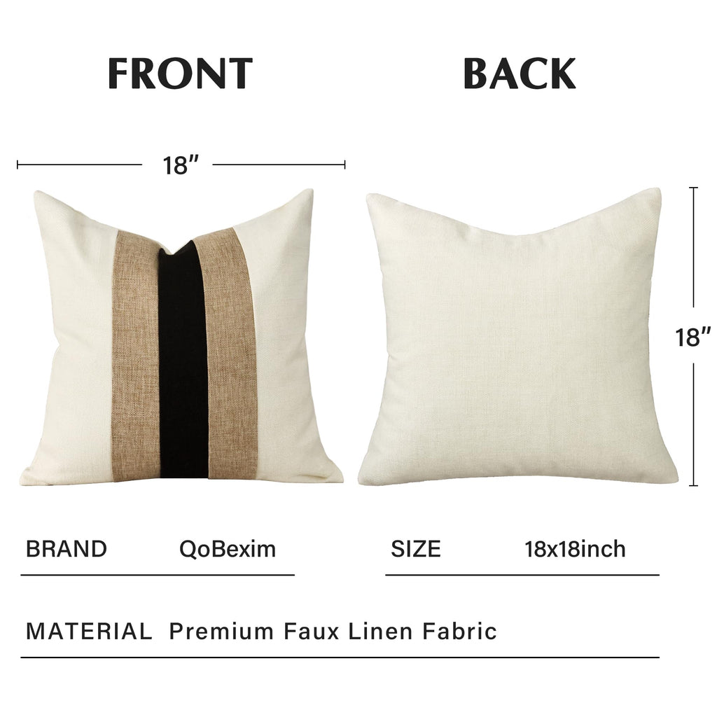 Linen Patchwork Pillow Covers 18x18 Inch Set of 2