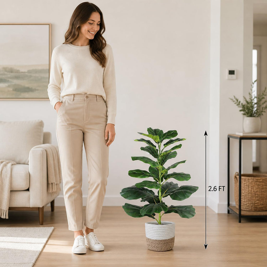 30" Artificial Fiddle Leaf Fig Tree, Realistic Fake Plants Faux Trees Indoor with Cotton Rope Basket, Artificial