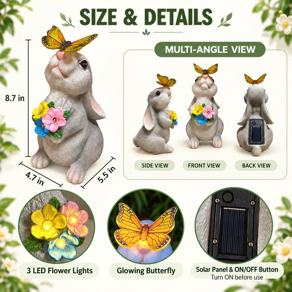Solar Garden Statues Outdoor Decor Bunny with Butterfly and Flower