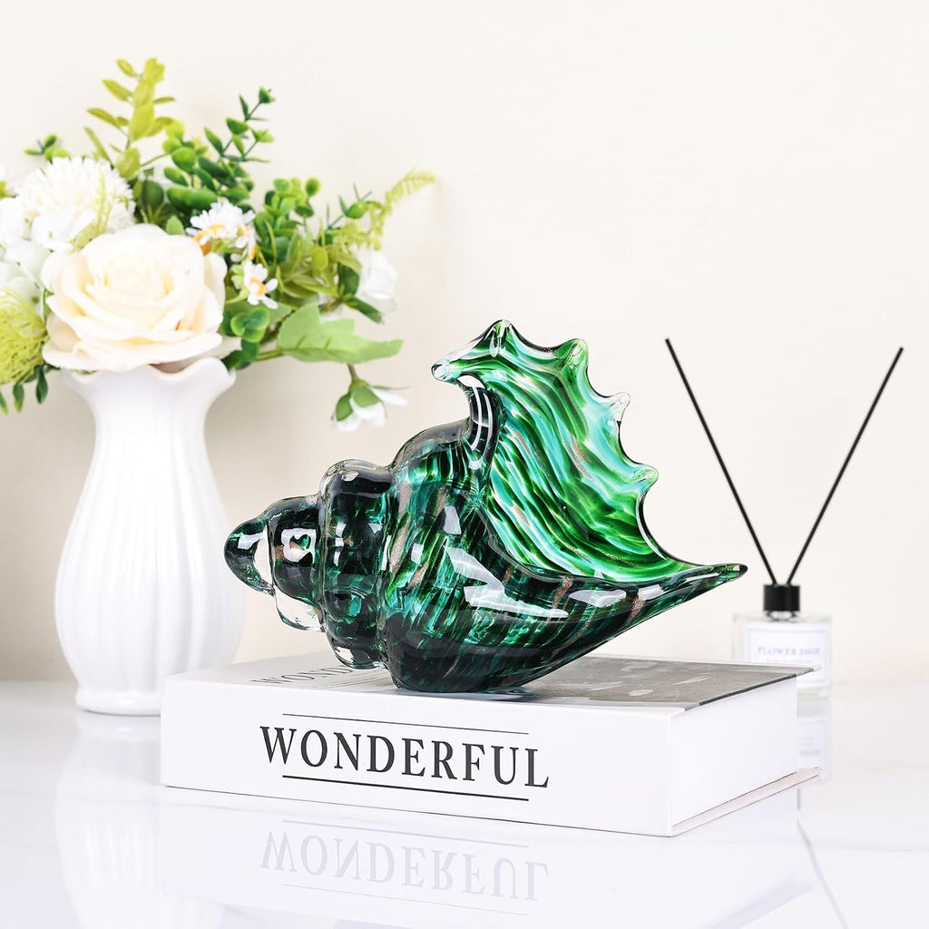Hand Blown Glass Conch Shell Sculpture, Sea Glass Art Figurines, Beachy Room Decor, Teal Conch Shell Decorative