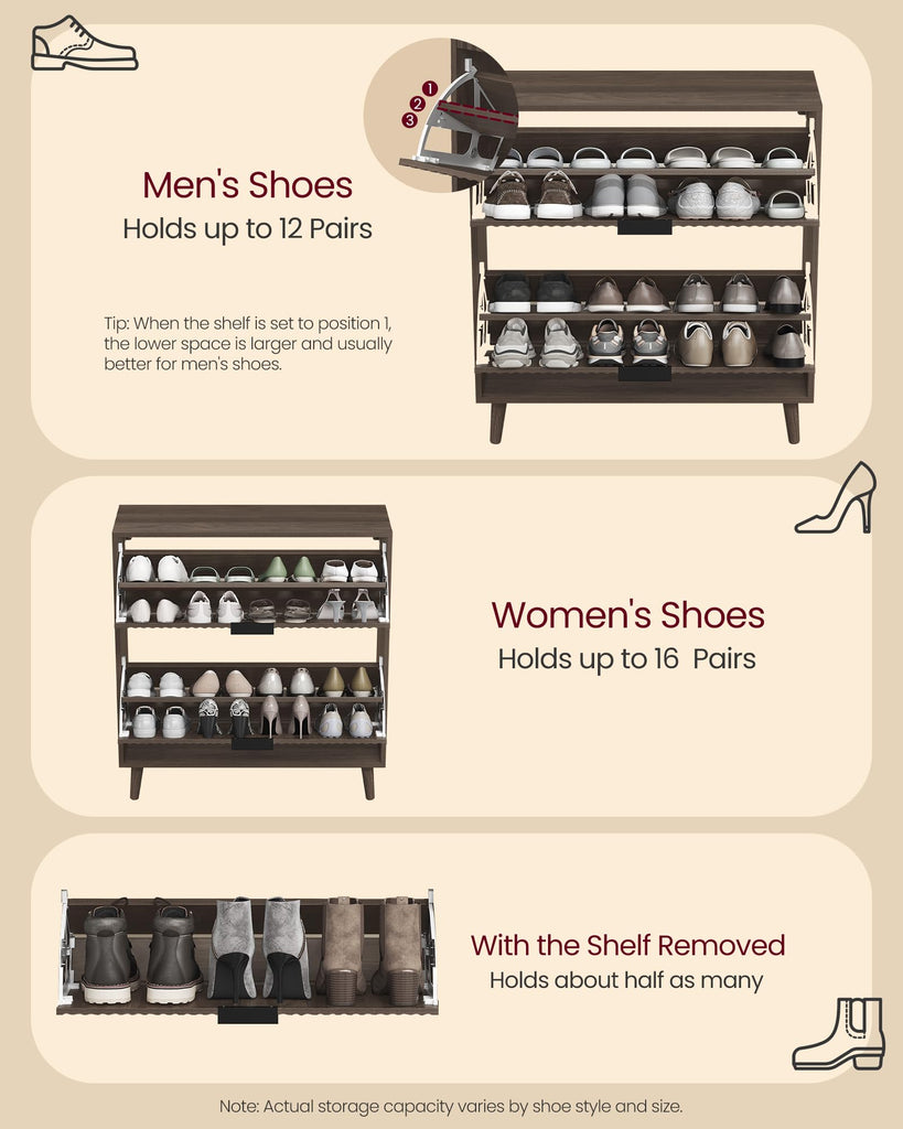 Collection - Shoe Storage Cabinet with 2 Flip Drawers, Freestanding Narrow Shoe Rack Organizer, Fluted Doors, Fits