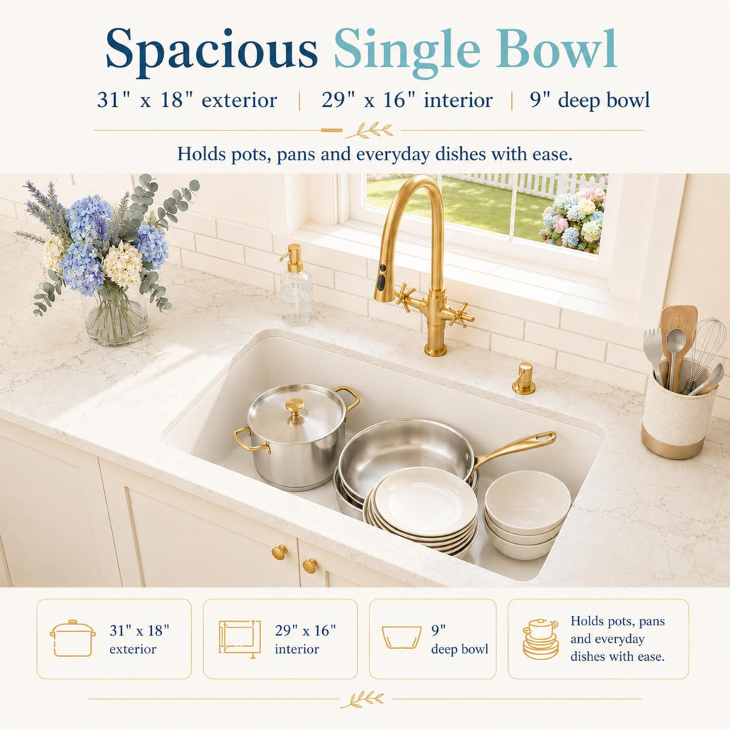 Undermount Kitchen Sink 31 inch, White Granite Composite Sink