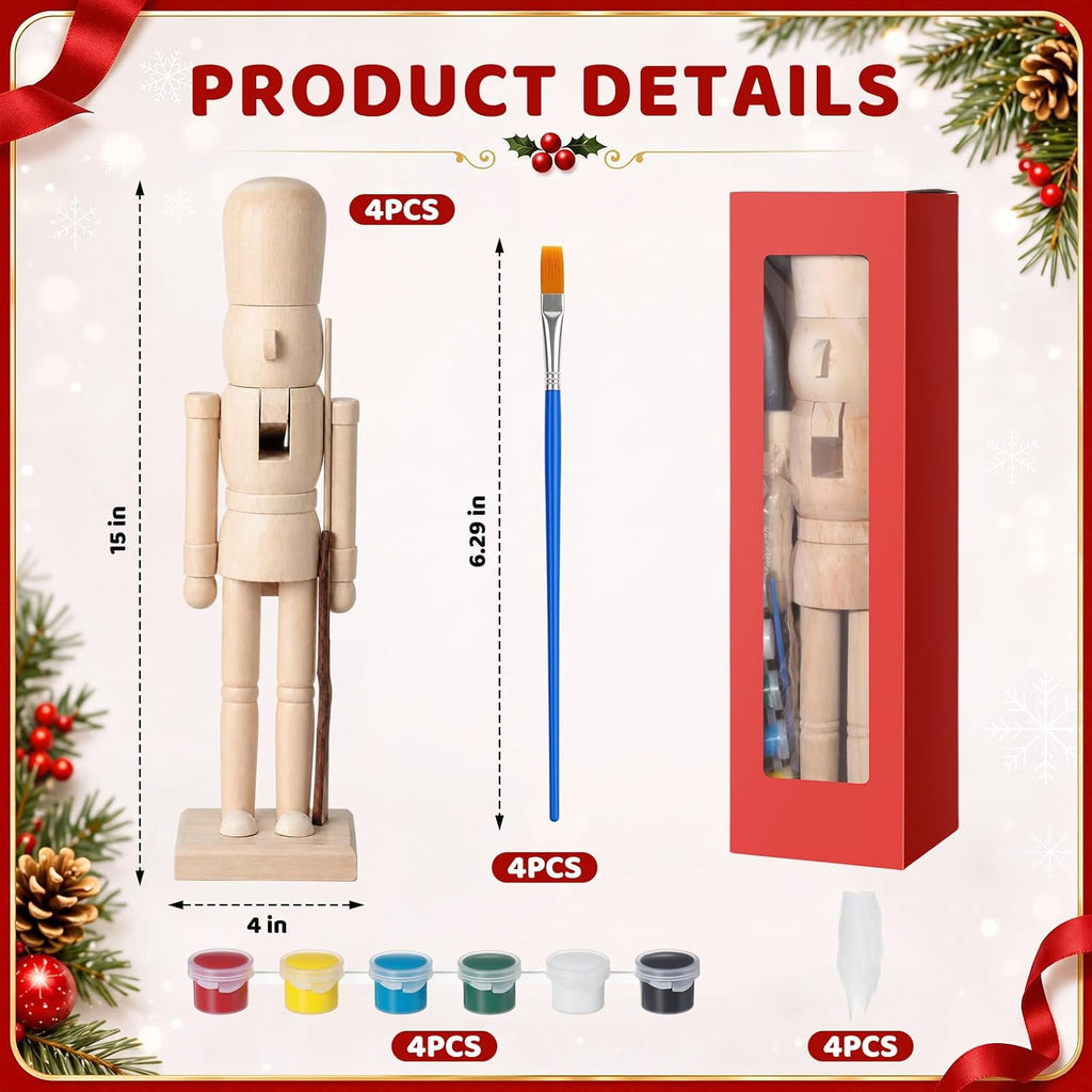 4 Sets Wooden Unfinished Soldier Nutcracker DIY Blank Figures