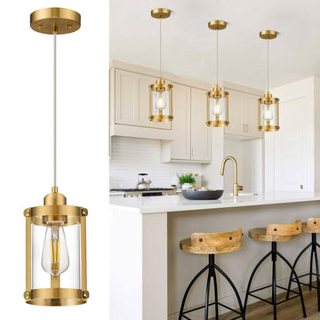 Brushed Gold Pendant Lights Kitchen Island, Clear Glass, 1-Light