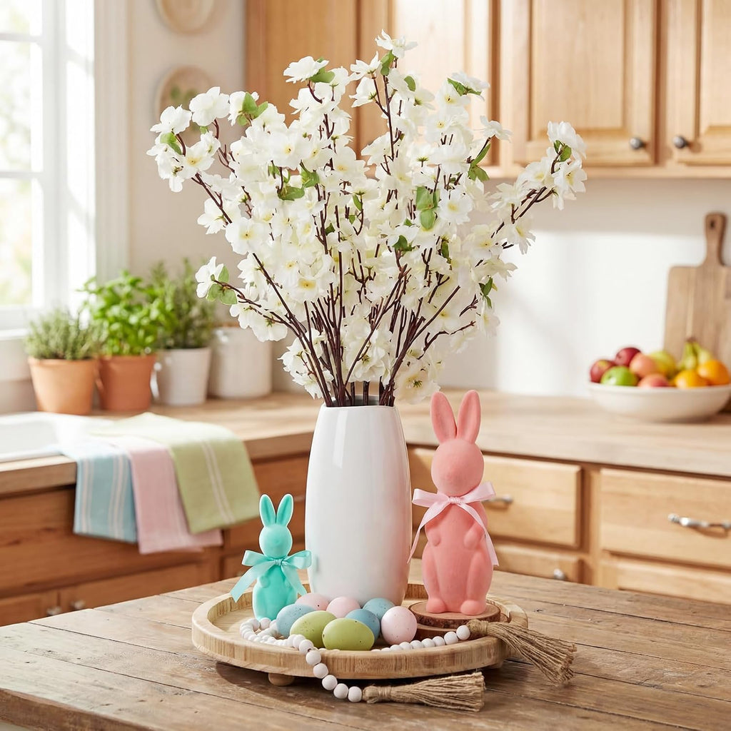 Easter Table Centerpiece Spring Tray Decoration Includes 2 Flocked Bunnies, 16 Pastel Speckled Eggs, 10 Peach - Set of 29