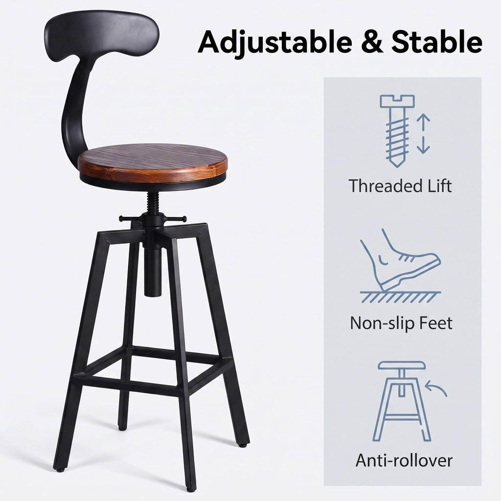 Industrial Bar Stools, Kitchen Dining Chair, Wood Top Stool, Adjustable Height Swivel Counter Height Bar Chair with
