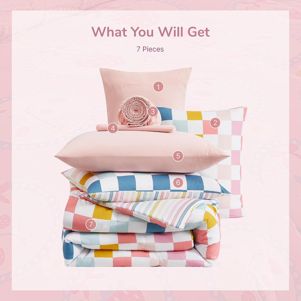 Full Comforter Set for Girls-7 Pieces Colorful Checkered Full Bedding Sets for Kids, Soft Bed in A Bag with Striped