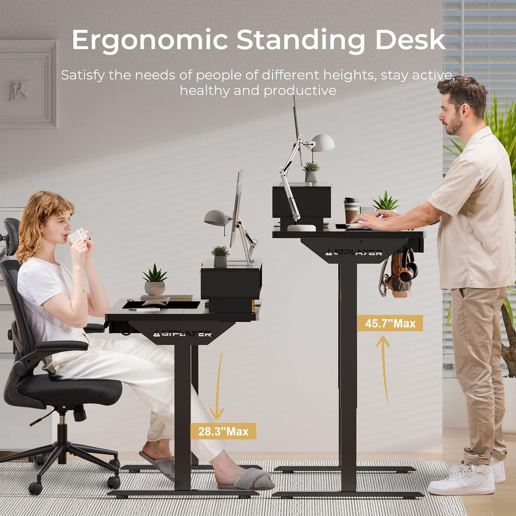 Electric Standing Desk with Drawers, 48 x 24 Inch Height Adjustable Gaming Desk with Monitor Stand, Power Outlets &
