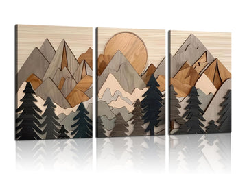 Set of 3 Mountain canvas Wall Art Large Forest Wall Decor pictures Woodcut Wooden Landscape poster Prints Abstract