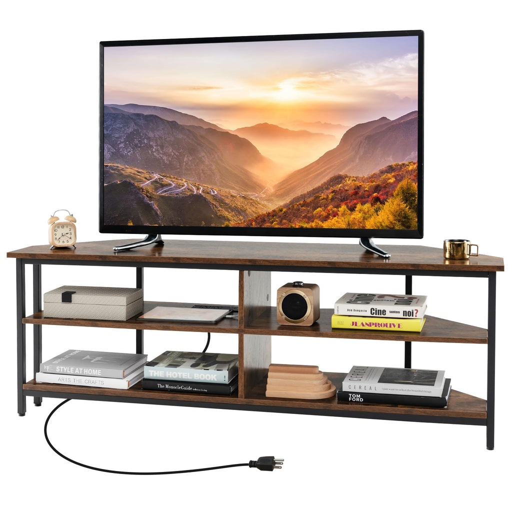Corner TV Stand for TVs up to 65", TV Console Table w/AC Outlets, USB A Ports, USB C Port, Metal Frame & Storage