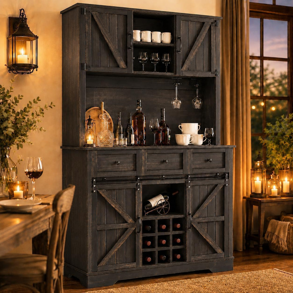 Tall Farmhouse Coffee Bar Cabinet with Wine Rack, Rustic Oak | Kitchen Pantry Storage Cabinet with 3 Drawers