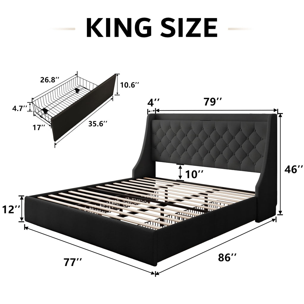 King Bed Frame with 4 Storage Drawers, Upholstered Platform Bed Frame with Type-C & USB Ports, Wingback Storage