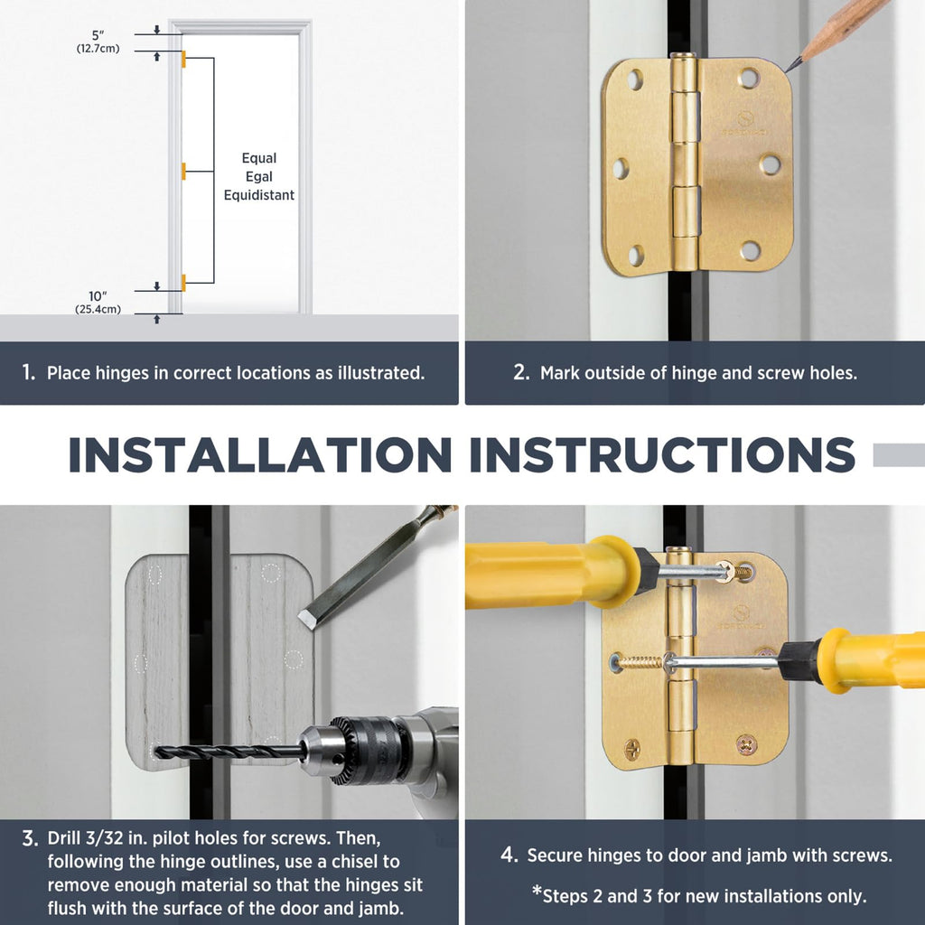 Door Hinges Polished Brass 3.5 Inch Interior Hinges 5/8" Radius Brushed Brass Door Hinges - 30 Pack