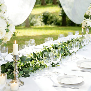 Eucalyptus Garland with White Flowers 4Pack: 5.9Ft Artificial Faux Greenery Vines for Table Runner Wedding Bedroom - Set of 236