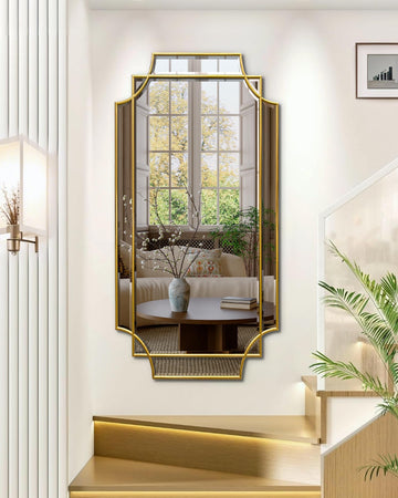 Wall Mirror Full Length, 47" x 24" Gold Wood Framed Full Body Mirror, Scalloped Beveled Polished Decorative Mirrors