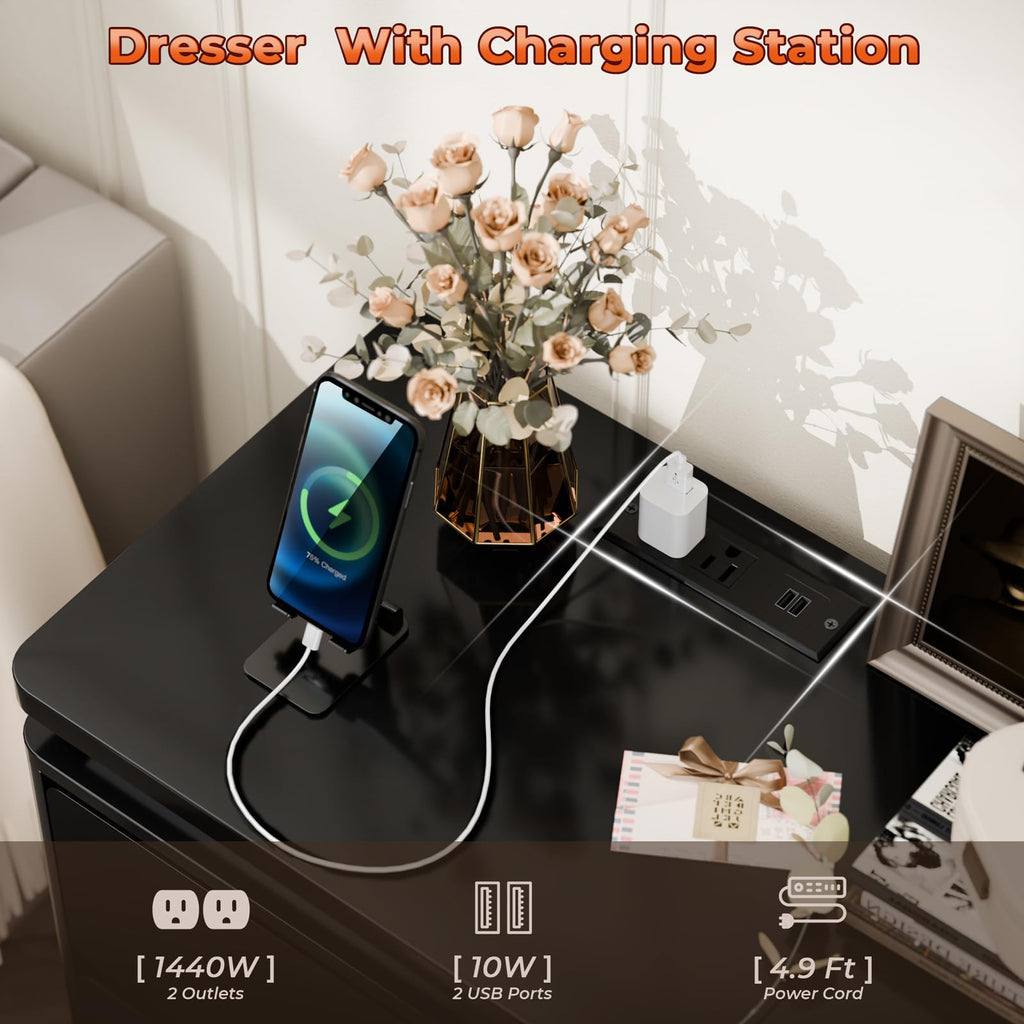 Upgraded 6 Drawer Black Dresser, 47.24" Long Chest of Drawers with Charging Station & LED Lights, Wooden Storage
