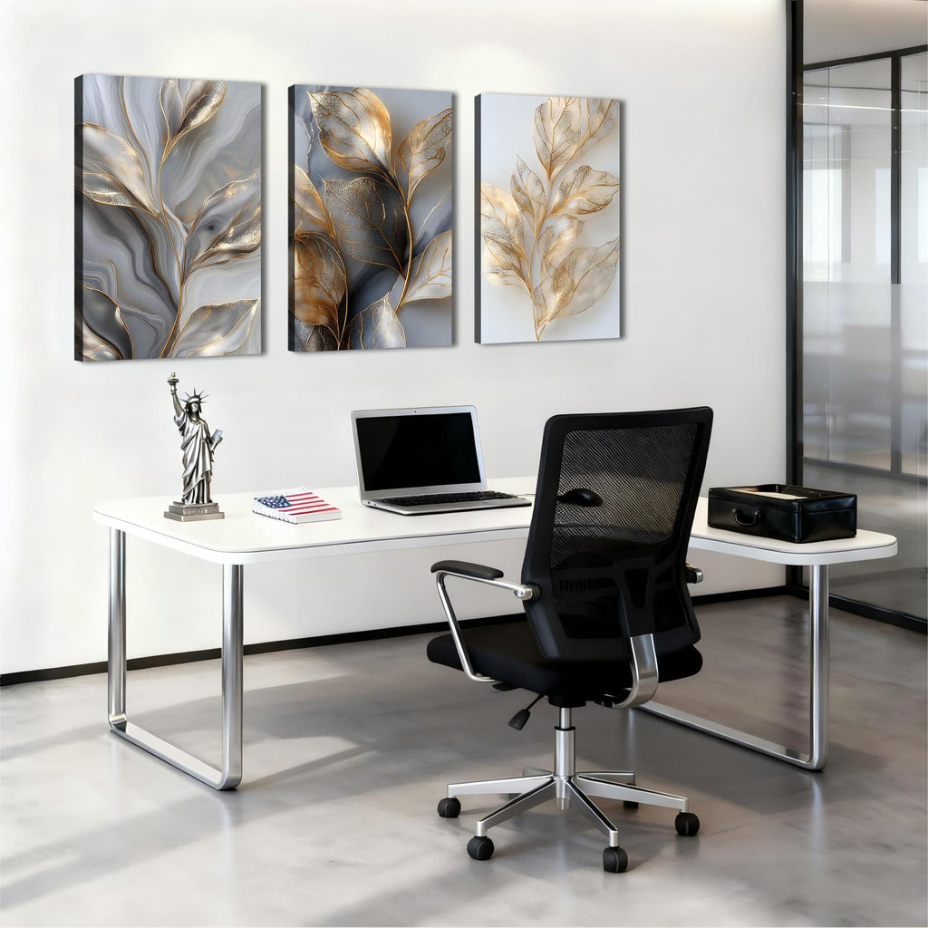 3 Pc Large Wall Art - Gold Leaf Marble Abstract Decor, Luxury Textured Prints, Oversize Elegant Wall Art, Framed