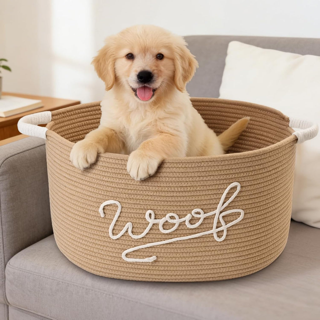 Woof Dog Toy Basket, Large Dog Toy Storage Bin with Durable Handles, Woven Dog Basket for Blankets, Toys, Chews, Pet