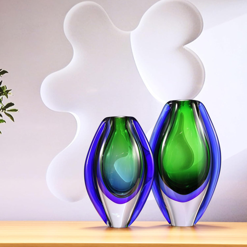 Hand Blown Sommerso Oval Art Glass Vase for Decor 10 inch Tall Centerpiece Table Decoration Emerald Green