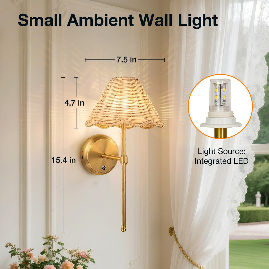 Battery Operated Boho Rattan Wall Sconce Set of 2, Stepless Dimming Magnetic Wall Lamp, 5200mAh Rechargeable Battery