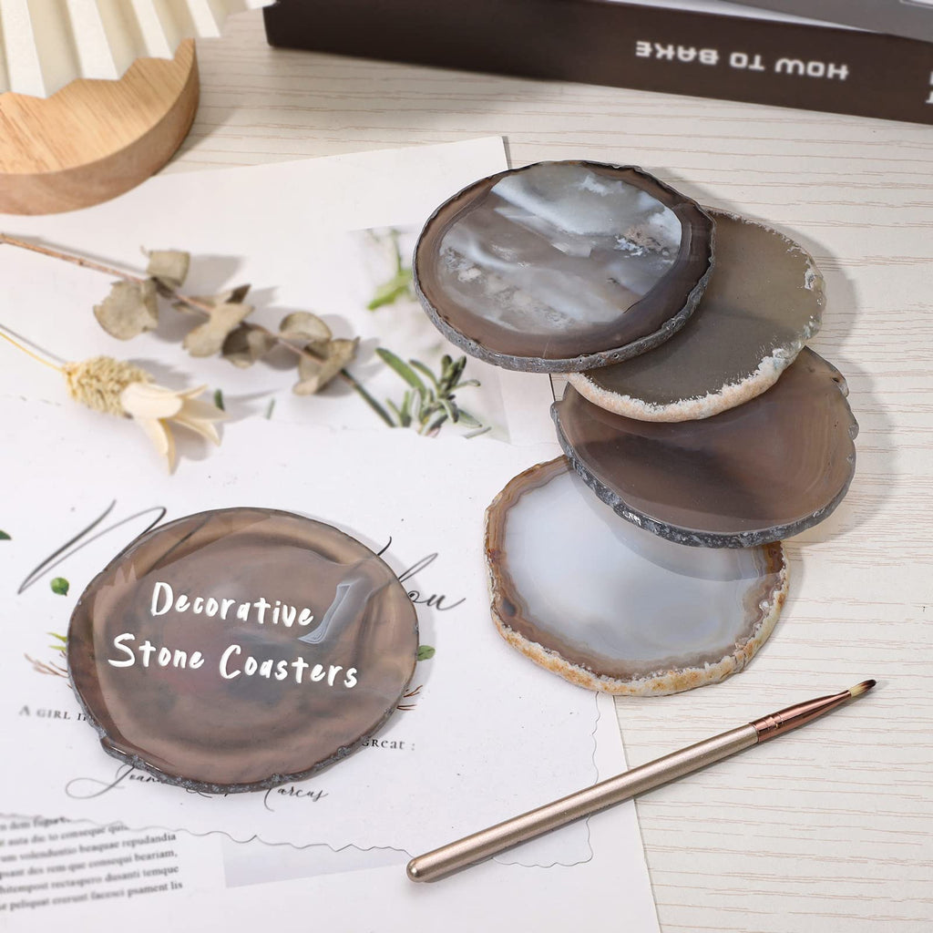 Polished Agate Geode Slices Cup Mats Coasters for Drinks Set of 2, Natural Stone Slab Place Cards for Wedding