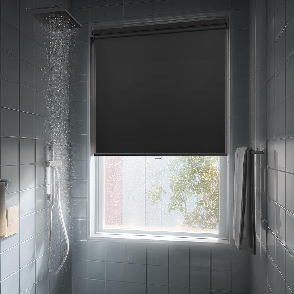 No Drill Cordless Blackout Roller Shades Screwless Waterproof Shower Window Blinds, Auto-Retraction Easy Install