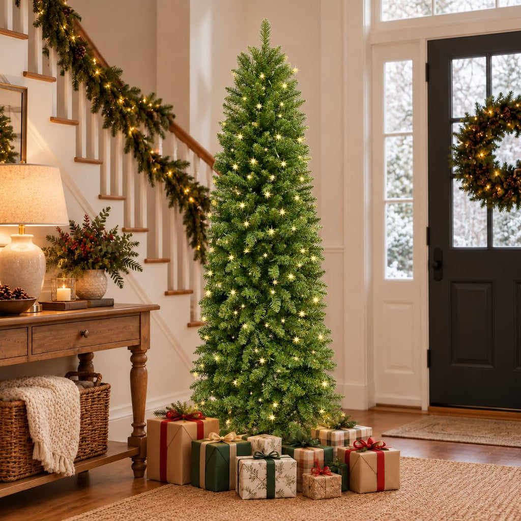 6FT Prelit Artificial Pencil Christmas Tree&Warm White Lights
