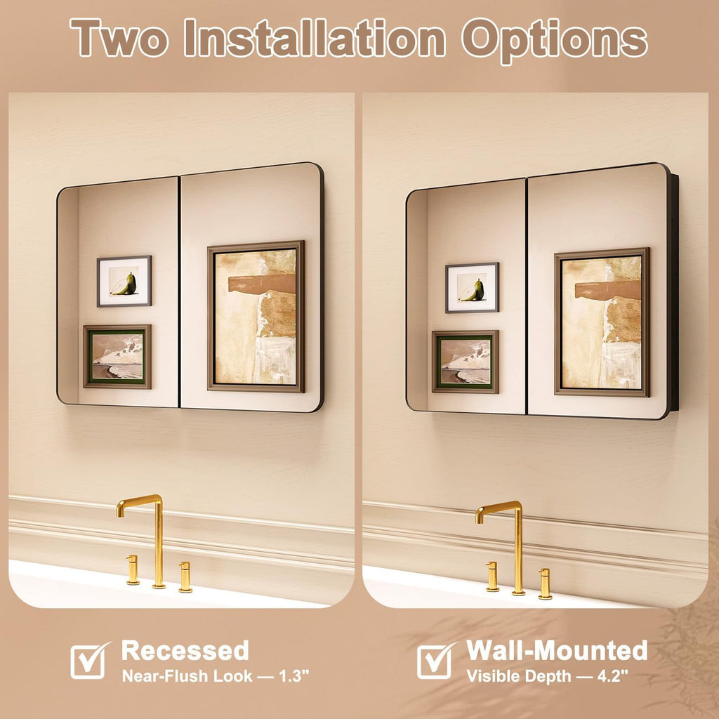32x24 in Double Door Medicine Cabinet with Mirror, Matte Black | Fully Assembled; Recessed or Surface Wall Mount;