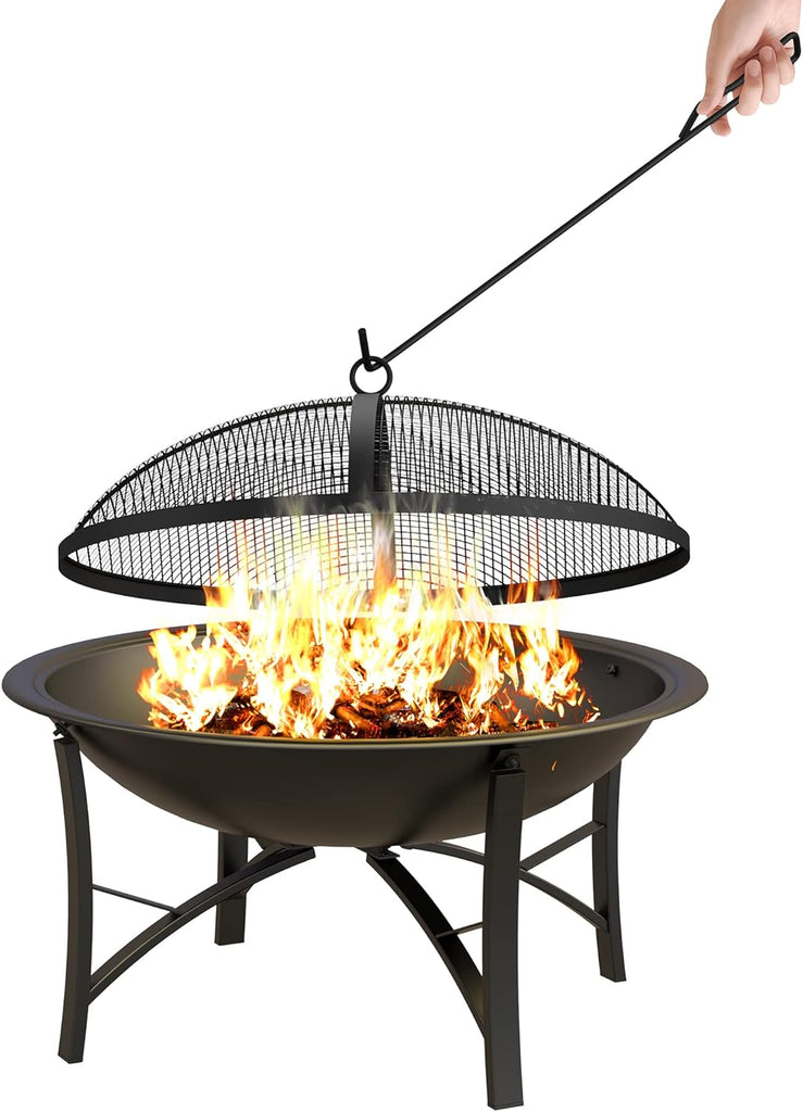 Fire Pit for Outside Wood Burning,BBQ Grill Steel Fire Bowl with Spark Screen Cover,Log Grate,Poker for Camping Beach Bonfire Picnic Backyard Garden - Image 2