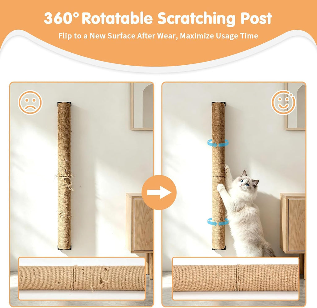65" Wall Mounted Cat Scratching Post, Adjustable Jute Cat Wall Scratcher