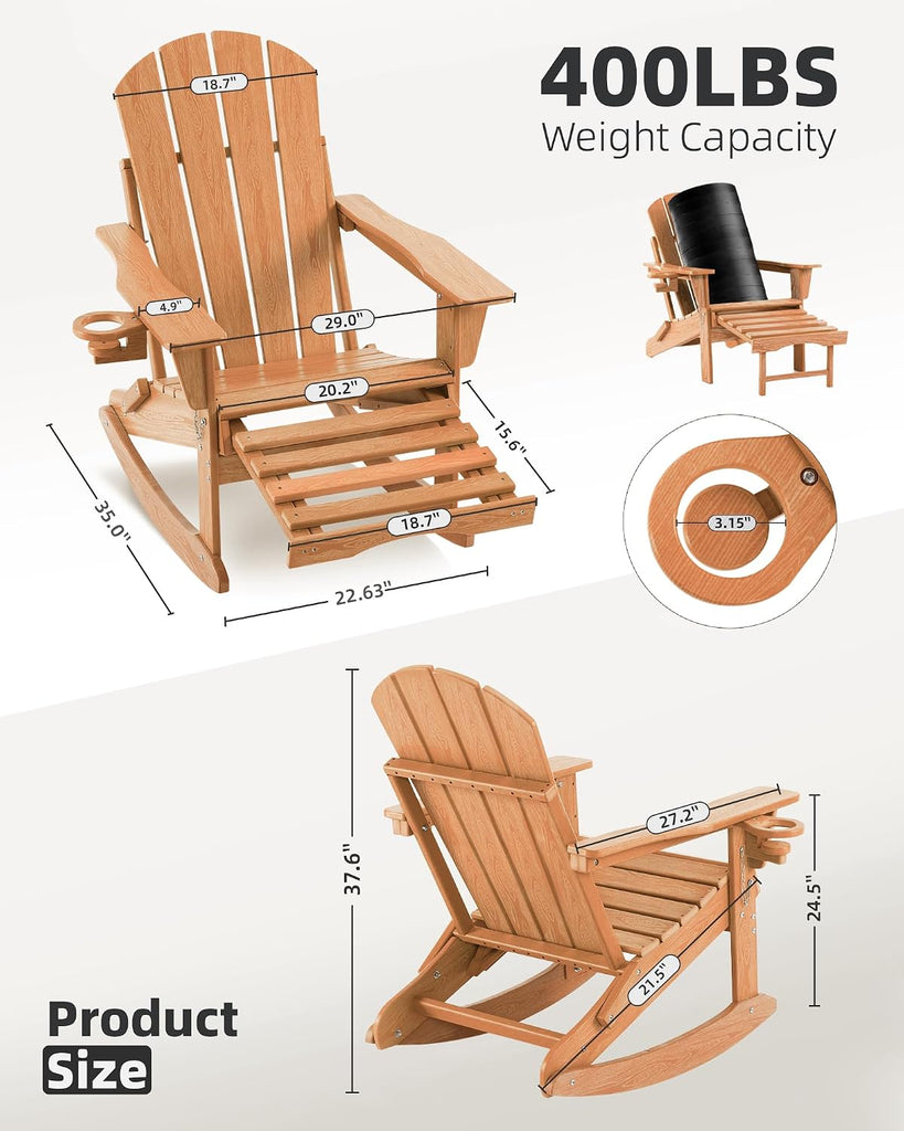 Folding Adirondack Rocking Chair,4-in-1 Multifunctional Patio Chair with Retractable Ottoman, Outdoor Chair Wood