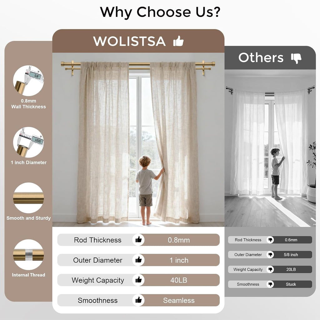 Warm Gold Double Curtain Rod, Brass Extra Long Dual Curtain Rods for Windows 36 to 153 Inch, 1 Inch Adjustable Heavy