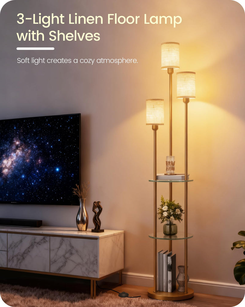 Floor Lamp with Shelves, Modern Floor Lamp with 3 Linen Shades and Foot Switch, 3-Light Standing Lamp, Study, Office