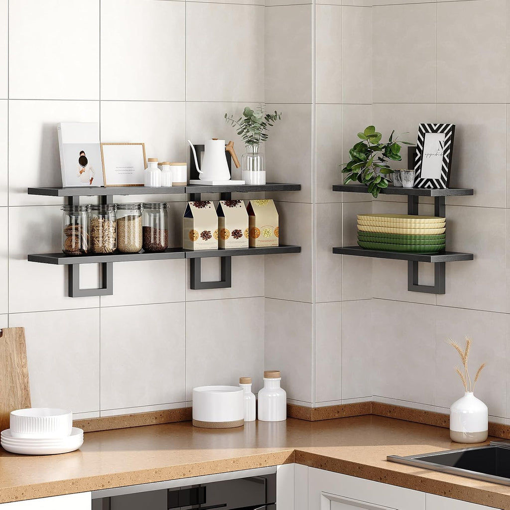 Floating Shelves, 15 Inch Wall Shelf Set of 3, Wall Mounted Storage Shelves 2-Tier, Hanging Bathroom Shelves, Black
