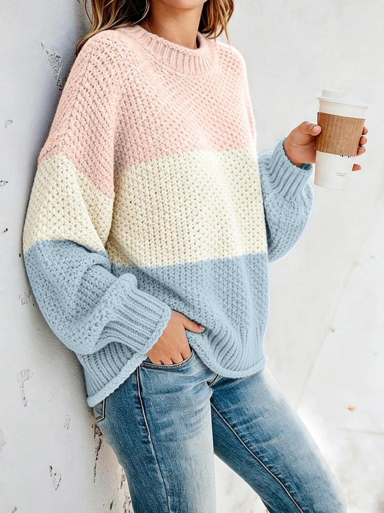 Color Block Knit Sweaters Crewneck Long Sleeve Pullover Cozy Loose Fall Cute Sweater Tops Winter Outfits